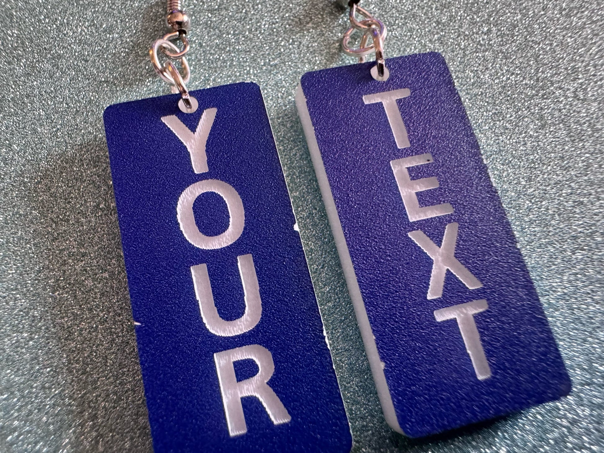 Custom Text Earrings: Laser Engraved Words, Blue with White Text, Letters, Names, Teacher Gift, Anniversary, Best Gifts for Her/Him/Them