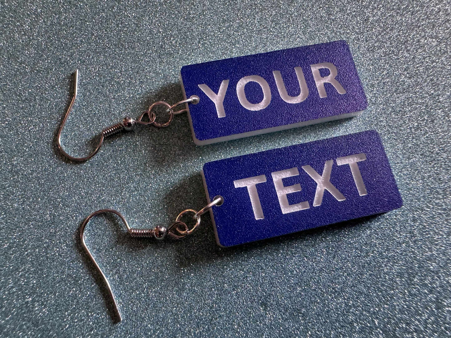 Custom Text Earrings: Laser Engraved Words, Blue with White Text, Letters, Names, Teacher Gift, Anniversary, Best Gifts for Her/Him/Them