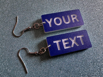Custom Text Earrings: Laser Engraved Words, Blue with White Text, Letters, Names, Teacher Gift, Anniversary, Best Gifts for Her/Him/Them