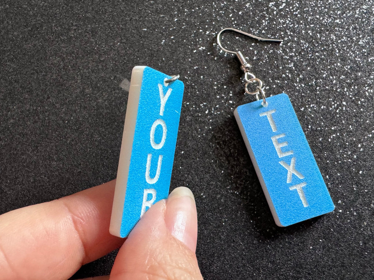 Custom Text Earrings: Laser Engraved Words, Blue with White Text, Letters, Names, Teacher Gift, Anniversary, Best Gifts for Her/Him/Them