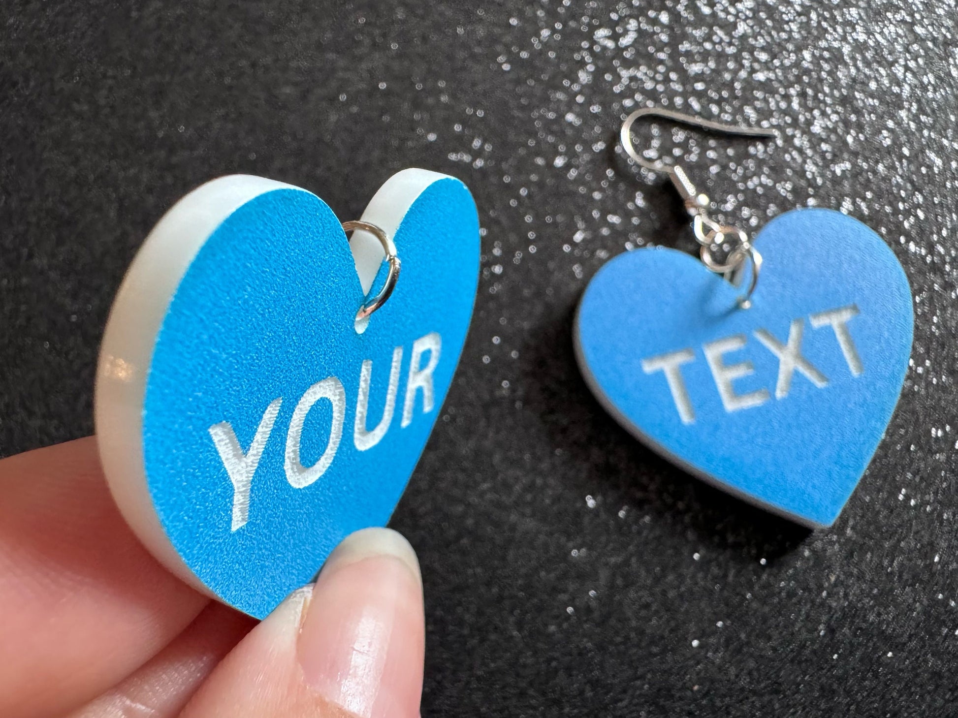 Custom Text Earrings: Laser Engraved Words, Blue with White Text, Letters, Names, Teacher Gift, Anniversary, Best Gifts for Her/Him/Them
