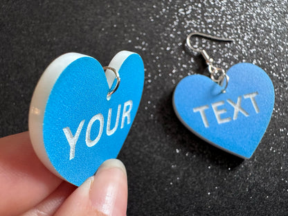 Custom Text Earrings: Laser Engraved Words, Blue with White Text, Letters, Names, Teacher Gift, Anniversary, Best Gifts for Her/Him/Them