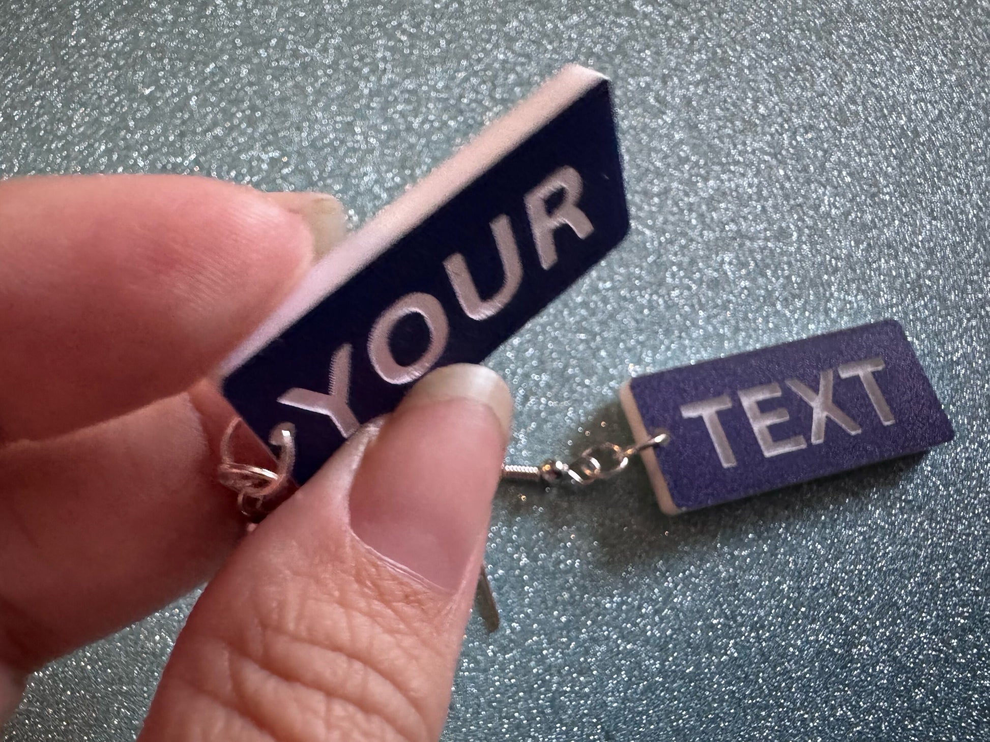 Custom Text Earrings: Laser Engraved Words, Blue with White Text, Letters, Names, Teacher Gift, Anniversary, Best Gifts for Her/Him/Them