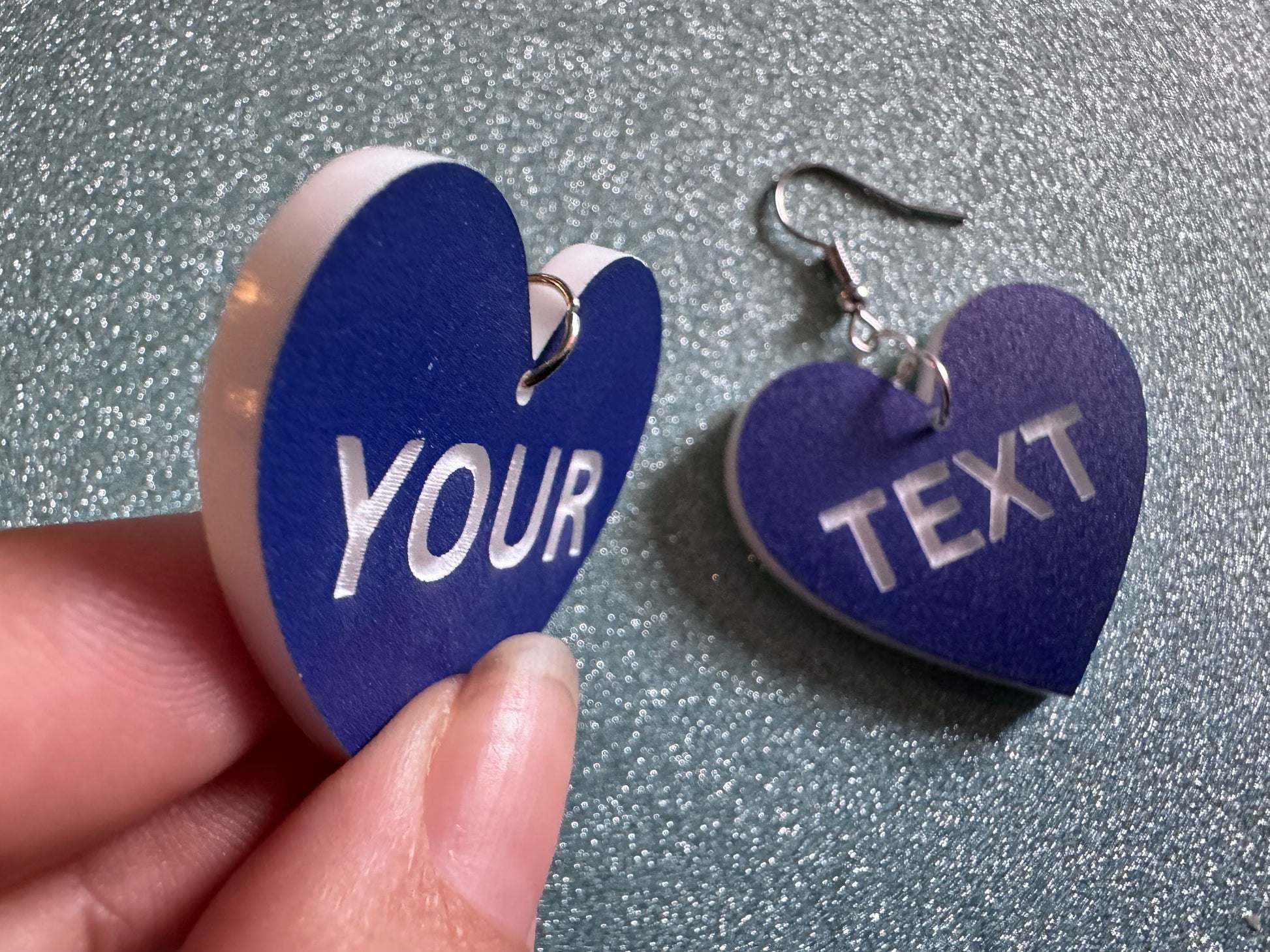 Custom Text Earrings: Laser Engraved Words, Blue with White Text, Letters, Names, Teacher Gift, Anniversary, Best Gifts for Her/Him/Them
