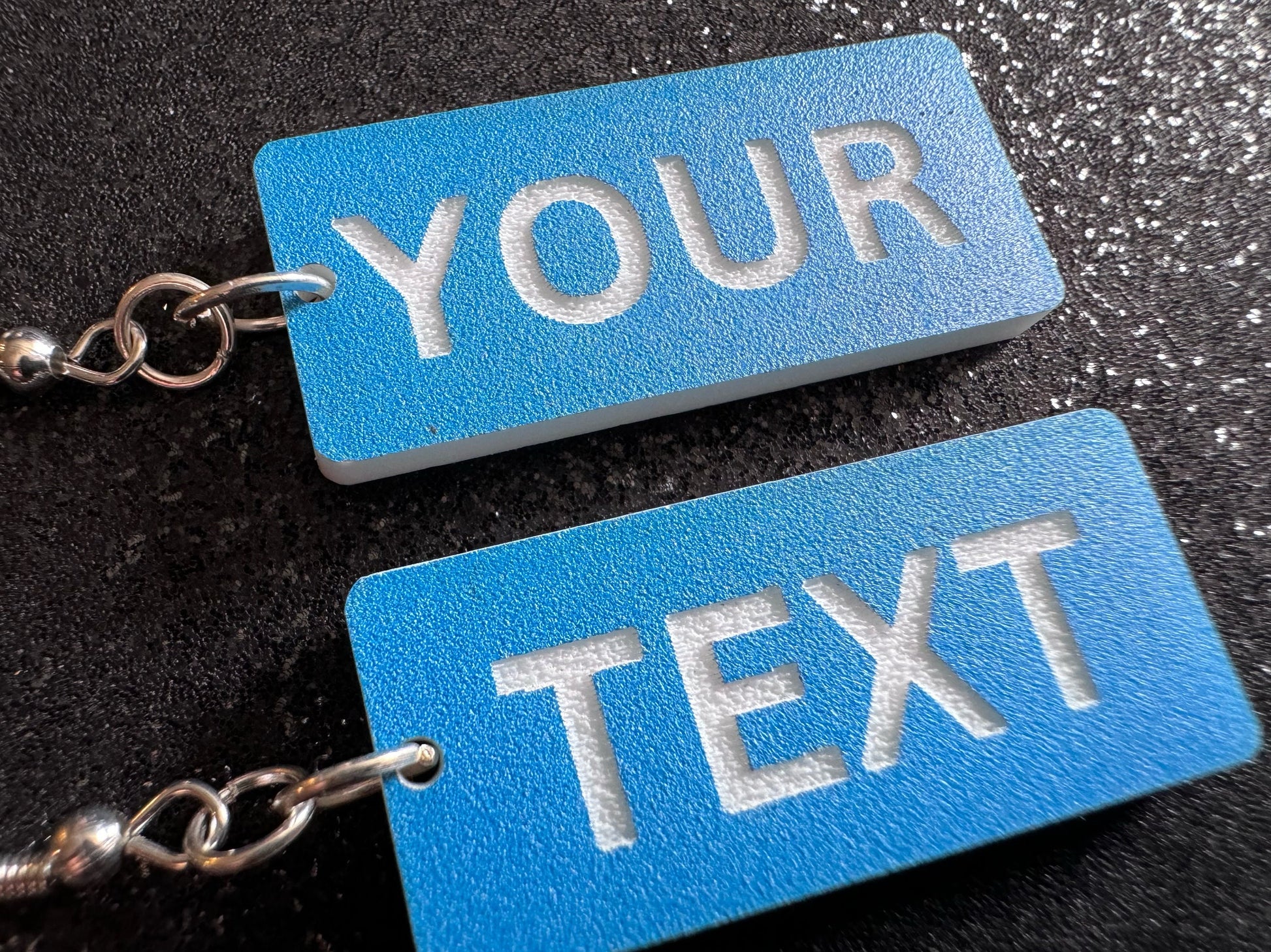 Custom Text Earrings: Laser Engraved Words, Blue with White Text, Letters, Names, Teacher Gift, Anniversary, Best Gifts for Her/Him/Them