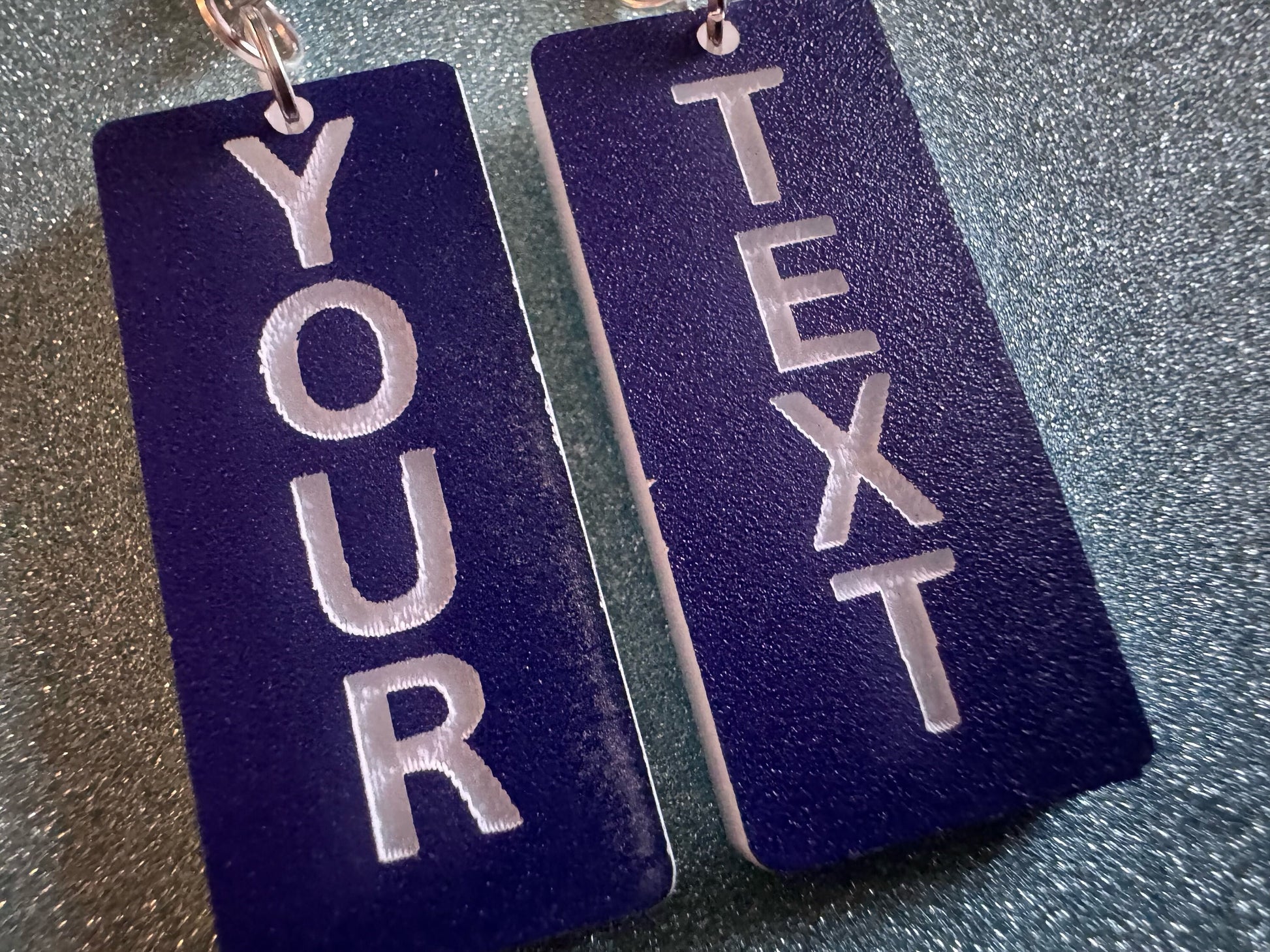 Custom Text Earrings: Laser Engraved Words, Blue with White Text, Letters, Names, Teacher Gift, Anniversary, Best Gifts for Her/Him/Them