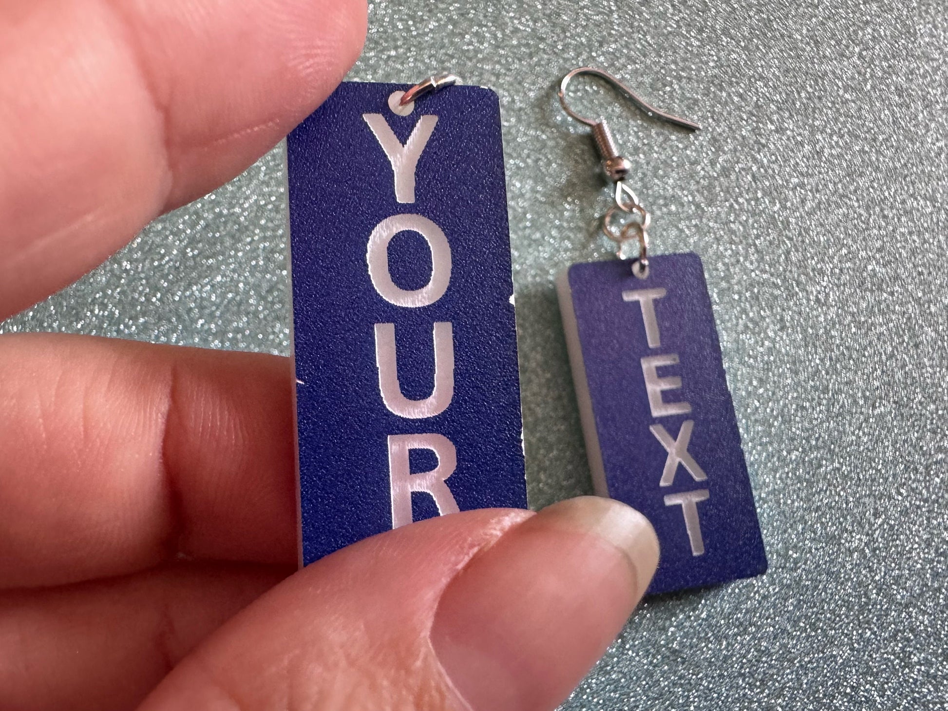 Custom Text Earrings: Laser Engraved Words, Blue with White Text, Letters, Names, Teacher Gift, Anniversary, Best Gifts for Her/Him/Them
