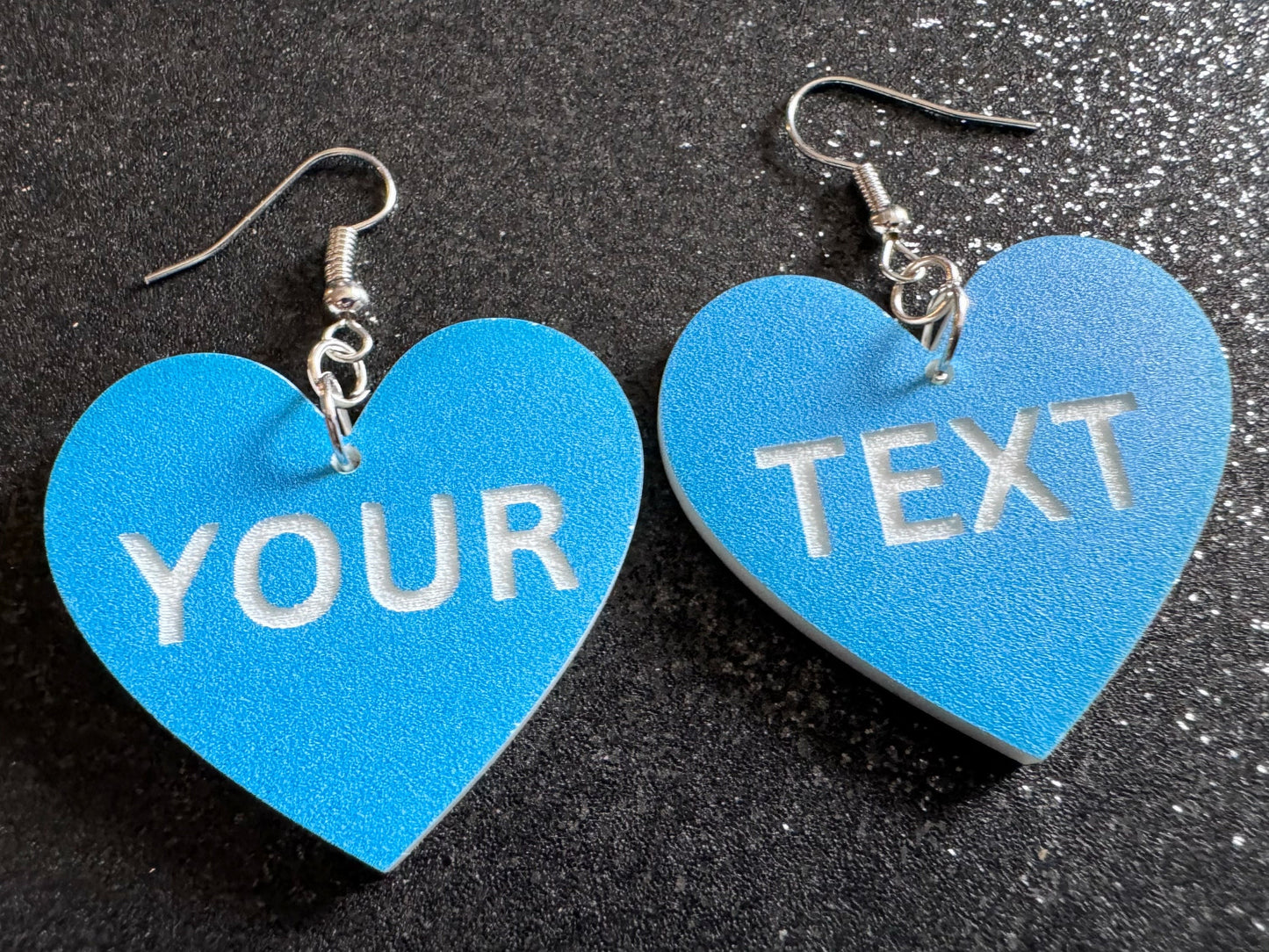 Custom Text Earrings: Laser Engraved Words, Blue with White Text, Letters, Names, Teacher Gift, Anniversary, Best Gifts for Her/Him/Them
