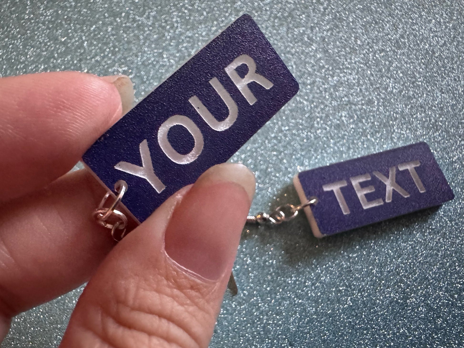 Custom Text Earrings: Laser Engraved Words, Blue with White Text, Letters, Names, Teacher Gift, Anniversary, Best Gifts for Her/Him/Them