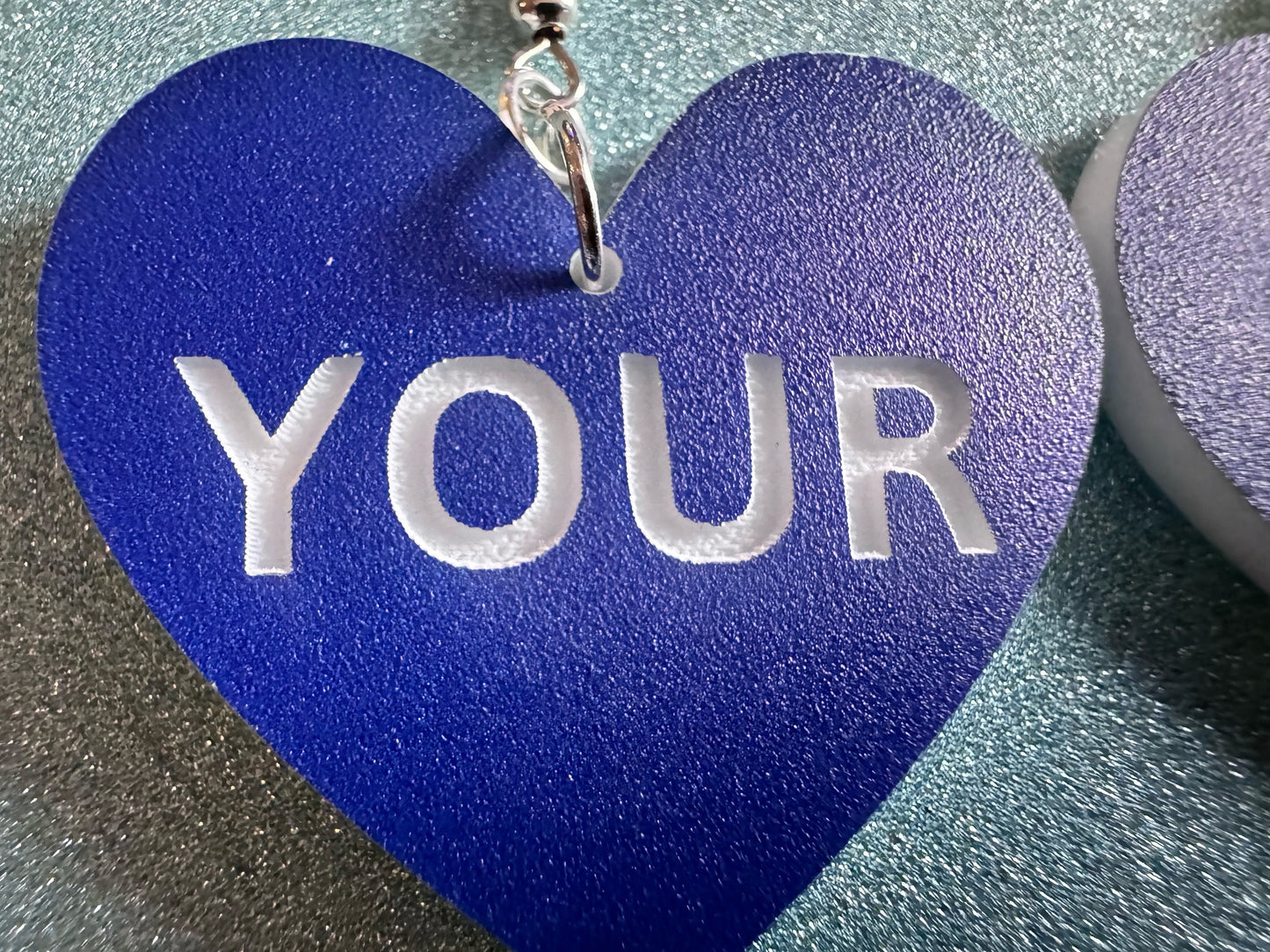 Custom Text Earrings: Laser Engraved Words, Blue with White Text, Letters, Names, Teacher Gift, Anniversary, Best Gifts for Her/Him/Them