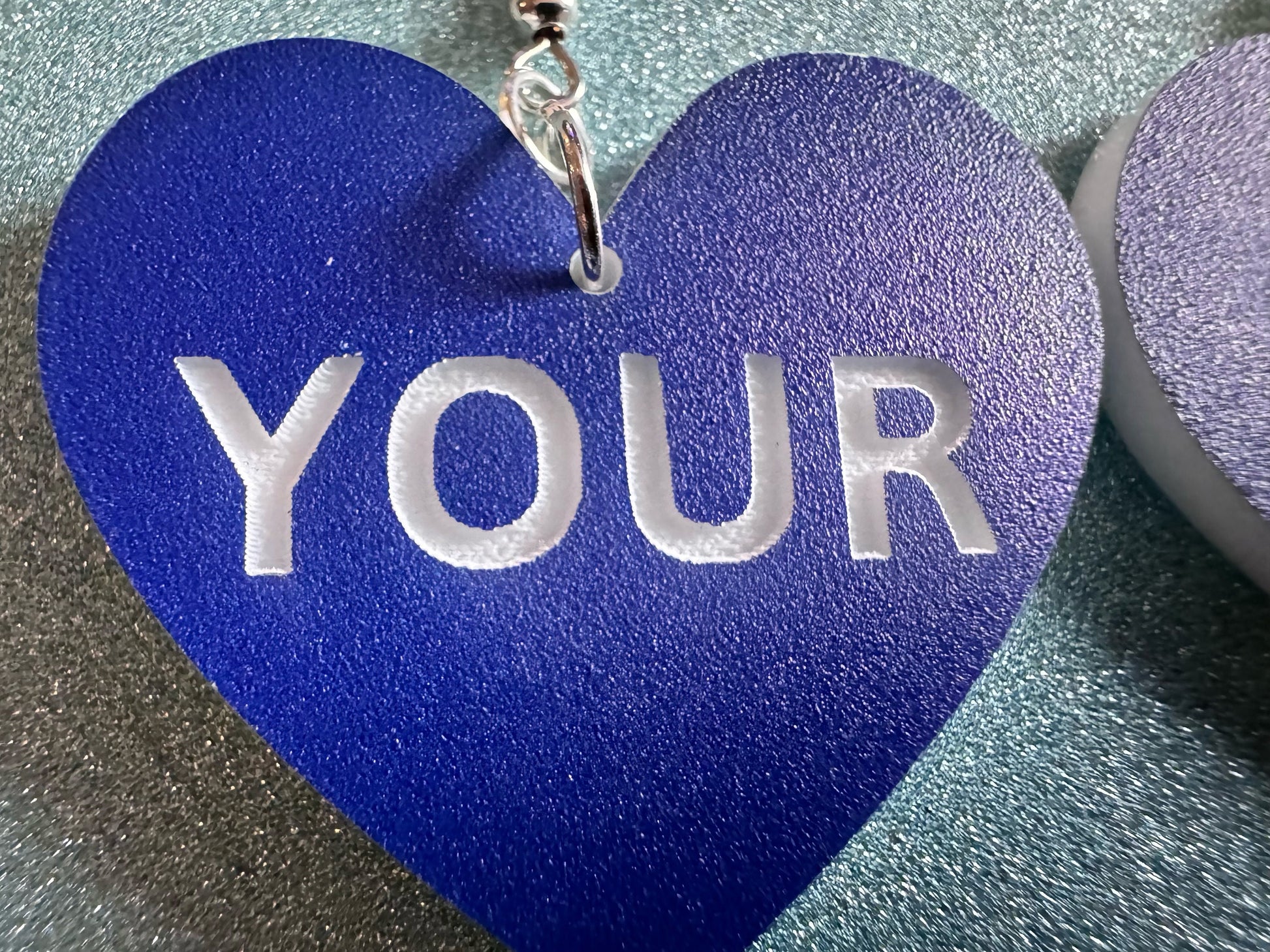 Custom Text Earrings: Laser Engraved Words, Blue with White Text, Letters, Names, Teacher Gift, Anniversary, Best Gifts for Her/Him/Them