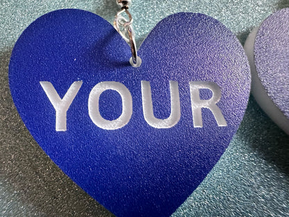 Custom Text Earrings: Laser Engraved Words, Blue with White Text, Letters, Names, Teacher Gift, Anniversary, Best Gifts for Her/Him/Them