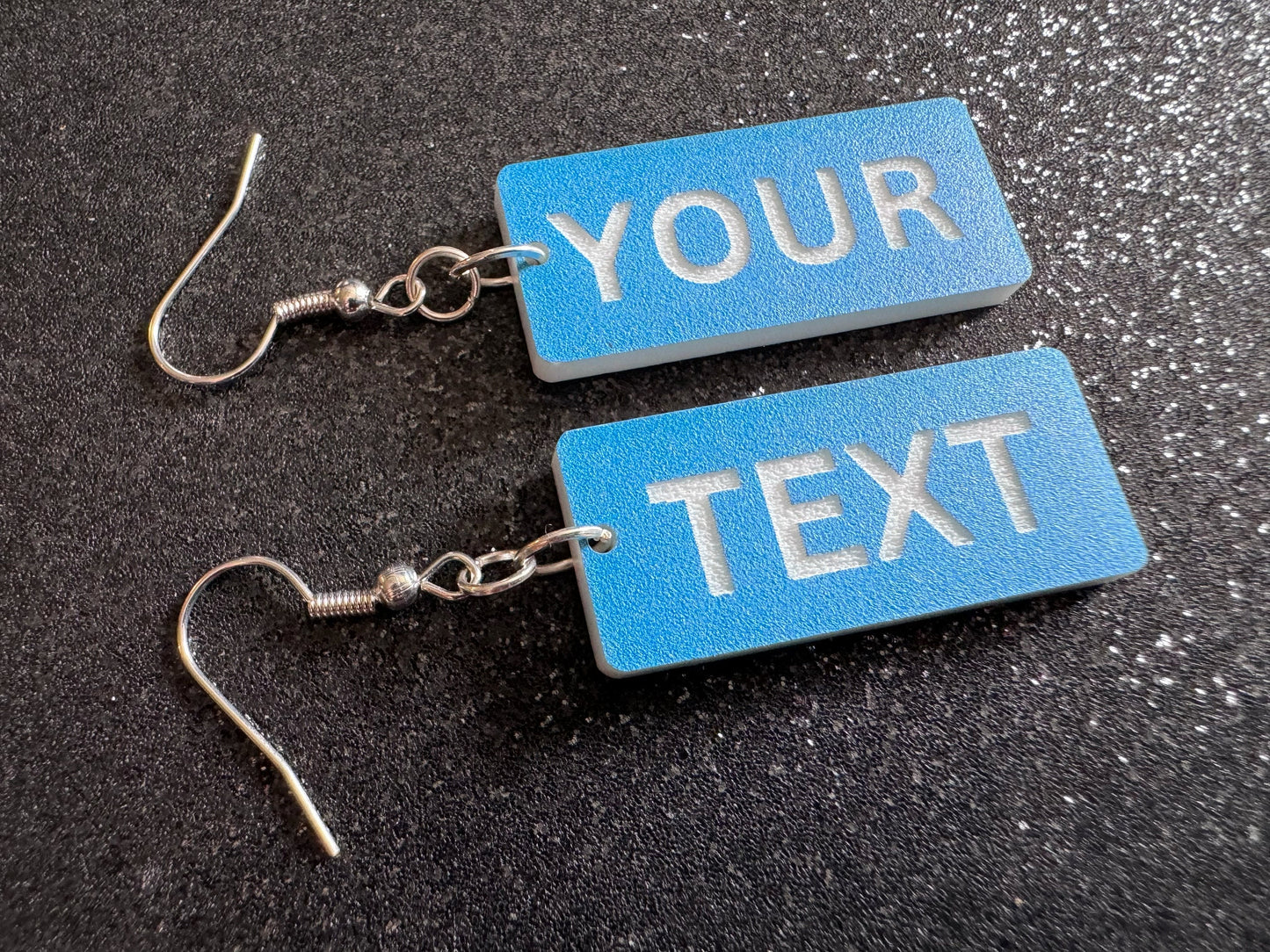 Custom Text Earrings: Laser Engraved Words, Blue with White Text, Letters, Names, Teacher Gift, Anniversary, Best Gifts for Her/Him/Them