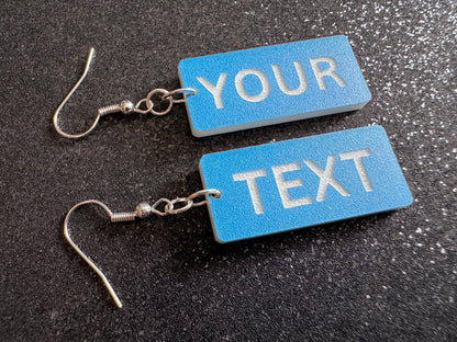 Custom Text Earrings: Laser Engraved Words, Blue with White Text, Letters, Names, Teacher Gift, Anniversary, Best Gifts for Her/Him/Them