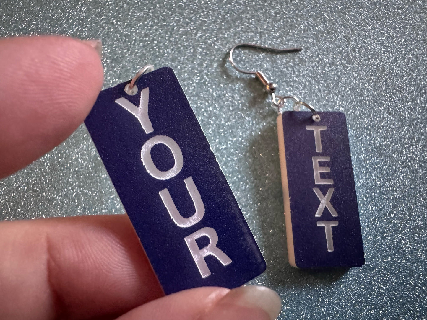 Custom Text Earrings: Laser Engraved Words, Blue with White Text, Letters, Names, Teacher Gift, Anniversary, Best Gifts for Her/Him/Them