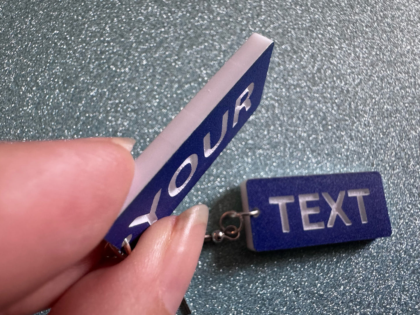 Custom Text Earrings: Laser Engraved Words, Blue with White Text, Letters, Names, Teacher Gift, Anniversary, Best Gifts for Her/Him/Them