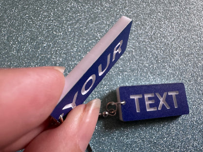 Custom Text Earrings: Laser Engraved Words, Blue with White Text, Letters, Names, Teacher Gift, Anniversary, Best Gifts for Her/Him/Them