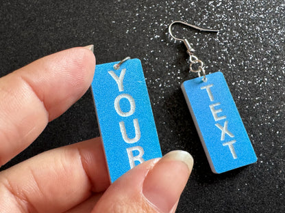 Custom Text Earrings: Laser Engraved Words, Blue with White Text, Letters, Names, Teacher Gift, Anniversary, Best Gifts for Her/Him/Them