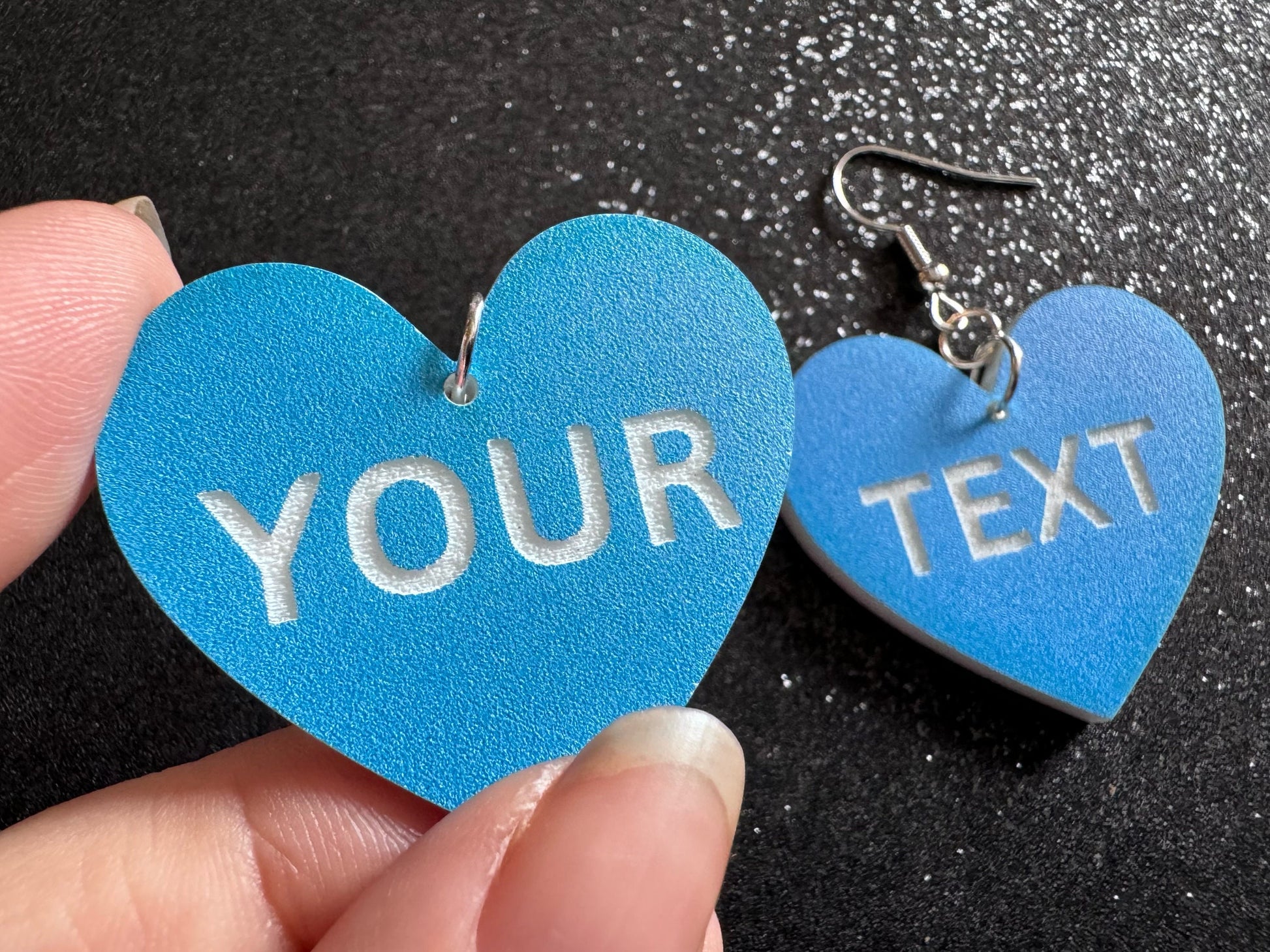 Custom Text Earrings: Laser Engraved Words, Blue with White Text, Letters, Names, Teacher Gift, Anniversary, Best Gifts for Her/Him/Them
