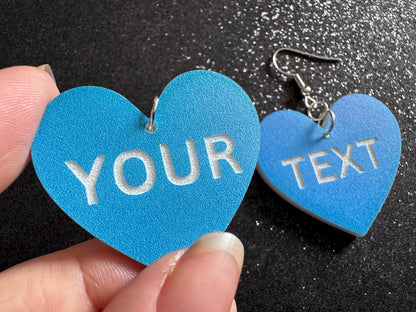 Custom Text Earrings: Laser Engraved Words, Blue with White Text, Letters, Names, Teacher Gift, Anniversary, Best Gifts for Her/Him/Them