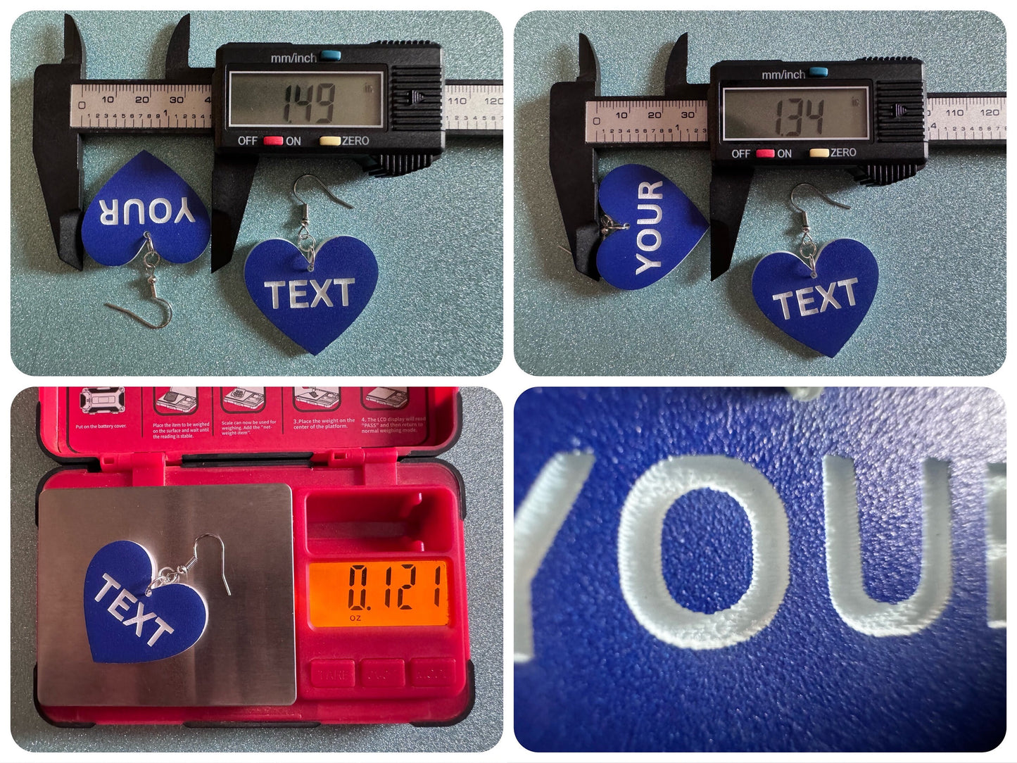 Custom Text Earrings: Laser Engraved Words, Blue with White Text, Letters, Names, Teacher Gift, Anniversary, Best Gifts for Her/Him/Them