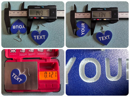 Custom Text Earrings: Laser Engraved Words, Blue with White Text, Letters, Names, Teacher Gift, Anniversary, Best Gifts for Her/Him/Them