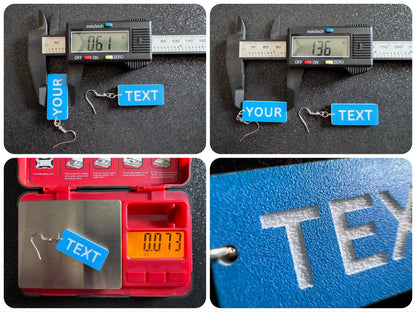 Custom Text Earrings: Laser Engraved Words, Blue with White Text, Letters, Names, Teacher Gift, Anniversary, Best Gifts for Her/Him/Them