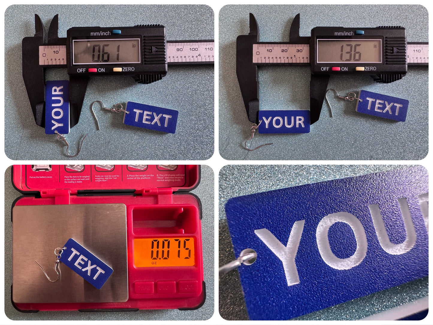 Custom Text Earrings: Laser Engraved Words, Blue with White Text, Letters, Names, Teacher Gift, Anniversary, Best Gifts for Her/Him/Them