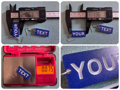 Custom Text Earrings: Laser Engraved Words, Blue with White Text, Letters, Names, Teacher Gift, Anniversary, Best Gifts for Her/Him/Them