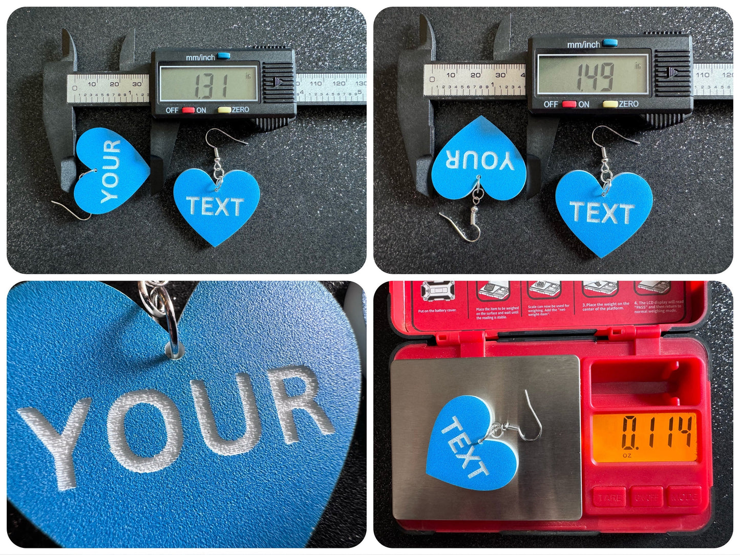 Custom Text Earrings: Laser Engraved Words, Blue with White Text, Letters, Names, Teacher Gift, Anniversary, Best Gifts for Her/Him/Them