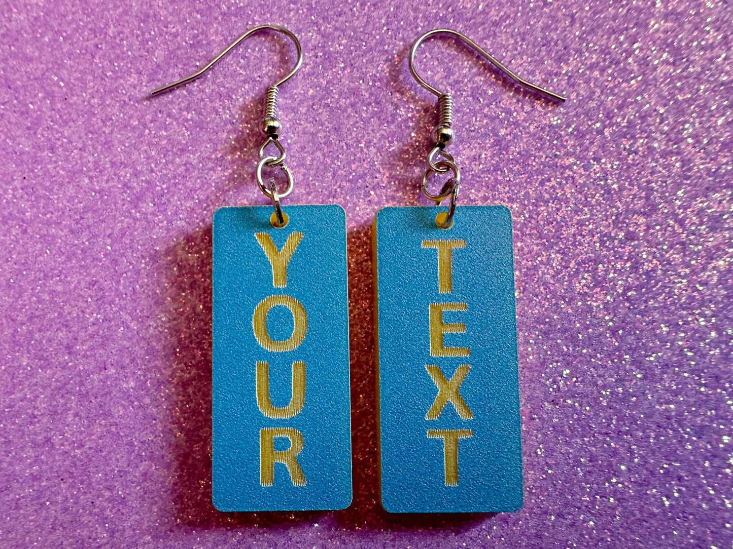 Custom Text Earrings: Laser Engraved Words, Blue with Yellow Text, Letters, Names, Teacher Gift, Anniversary, Best Gifts for Her/Him/Them