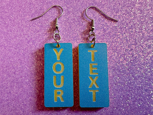 Custom Text Earrings: Laser Engraved Words, Blue with Yellow Text, Letters, Names, Teacher Gift, Anniversary, Best Gifts for Her/Him/Them