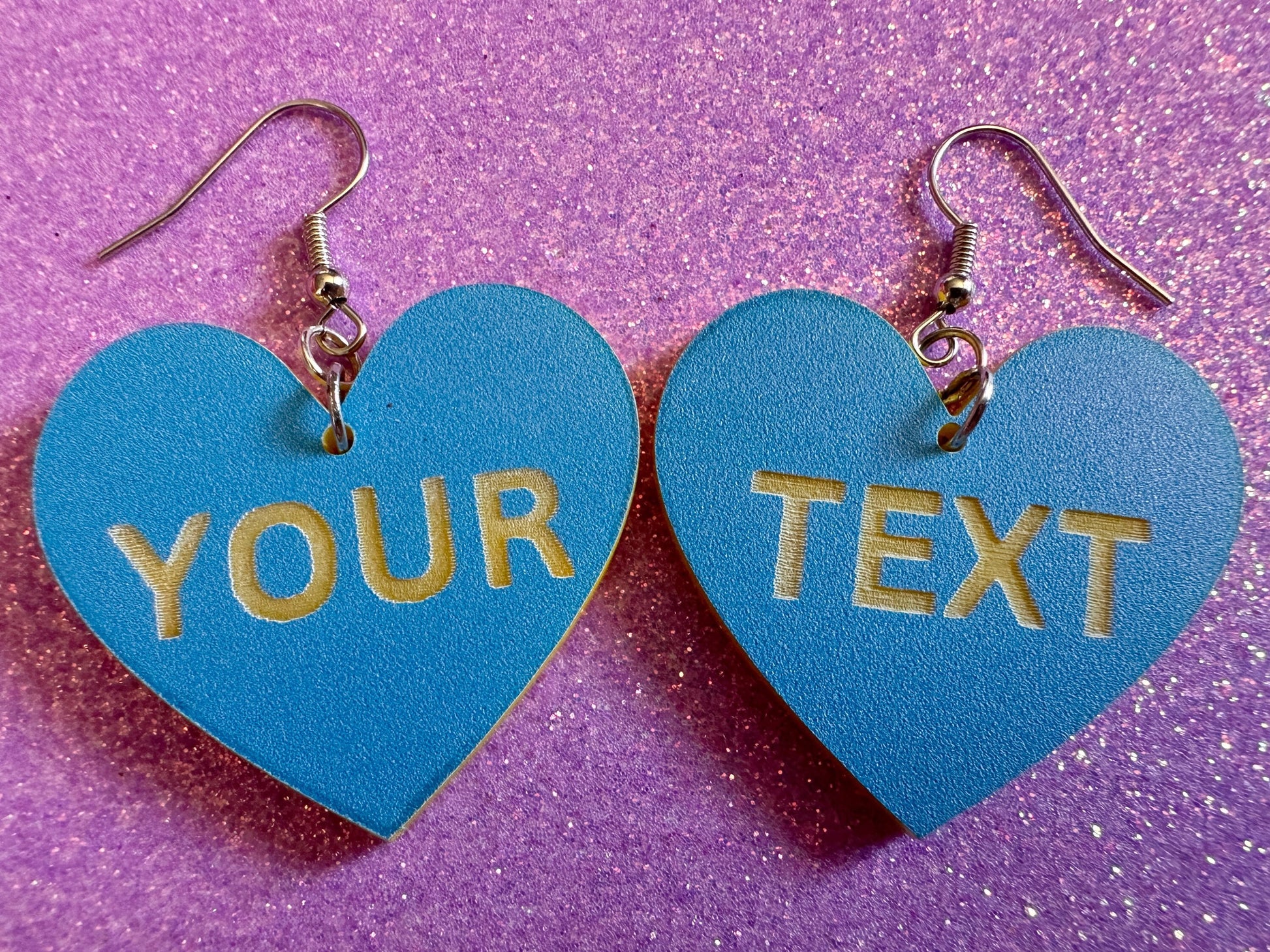 Custom Text Earrings: Laser Engraved Words, Blue with Yellow Text, Letters, Names, Teacher Gift, Anniversary, Best Gifts for Her/Him/Them