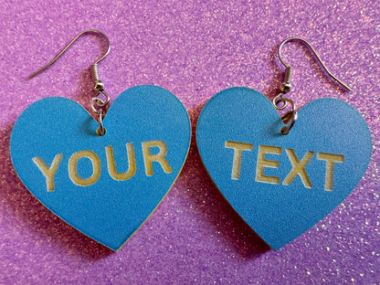 Custom Text Earrings: Laser Engraved Words, Blue with Yellow Text, Letters, Names, Teacher Gift, Anniversary, Best Gifts for Her/Him/Them