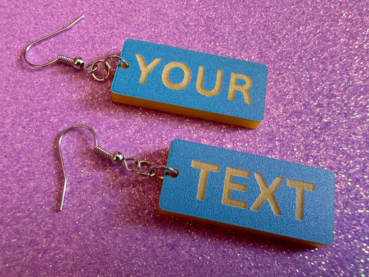 Custom Text Earrings: Laser Engraved Words, Blue with Yellow Text, Letters, Names, Teacher Gift, Anniversary, Best Gifts for Her/Him/Them
