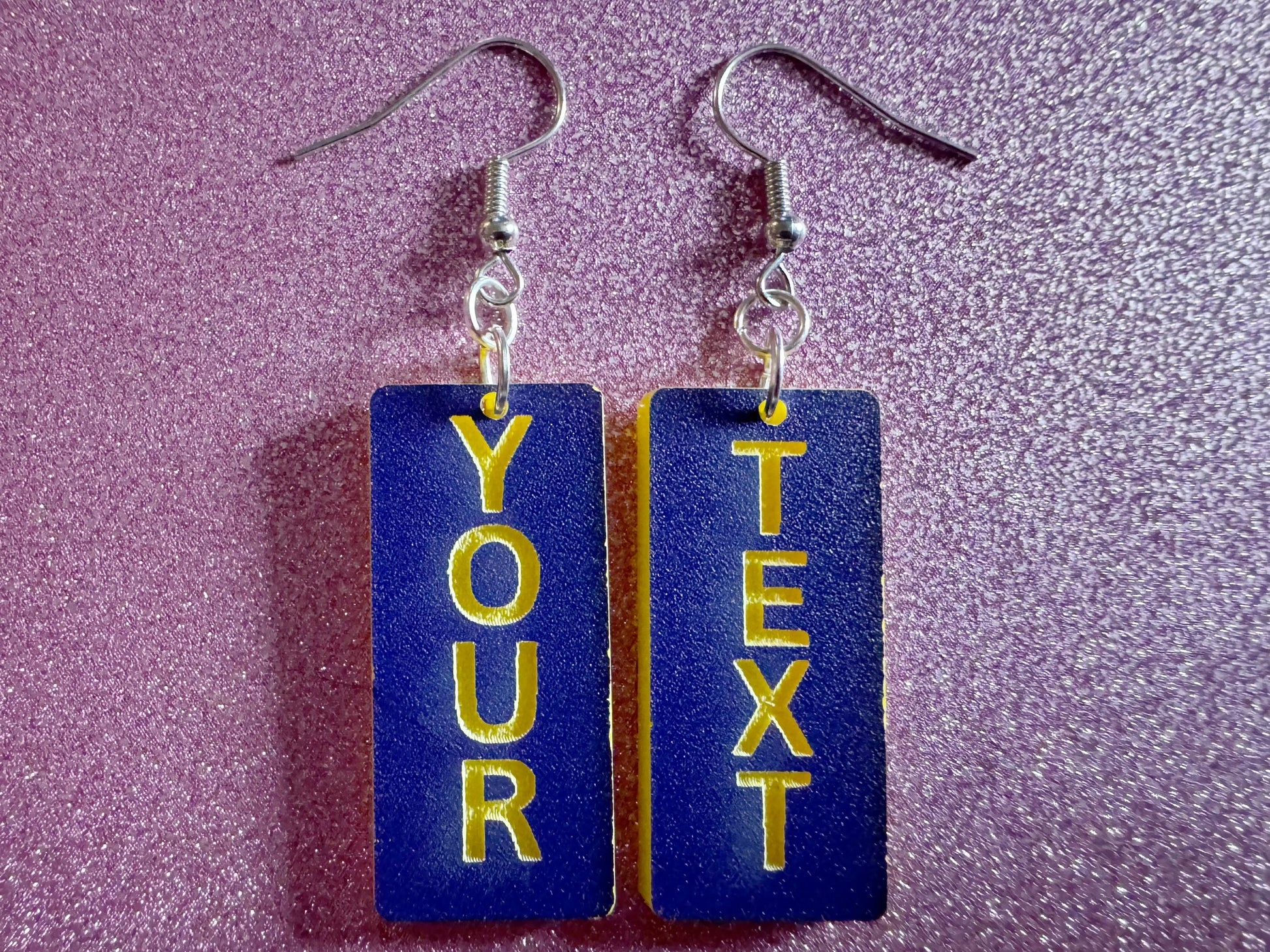 Custom Text Earrings: Laser Engraved Words, Blue with Yellow Text, Letters, Names, Teacher Gift, Anniversary, Best Gifts for Her/Him/Them