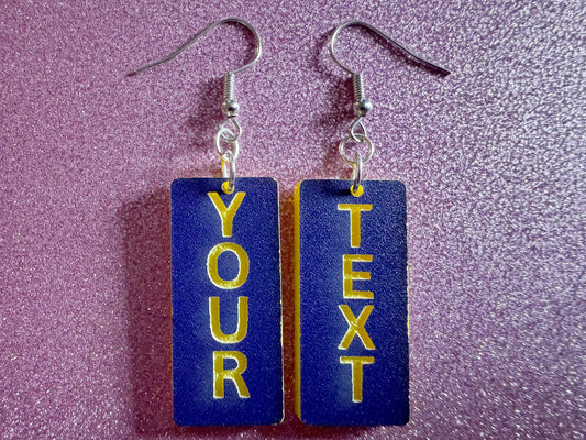 Custom Text Earrings: Laser Engraved Words, Blue with Yellow Text, Letters, Names, Teacher Gift, Anniversary, Best Gifts for Her/Him/Them