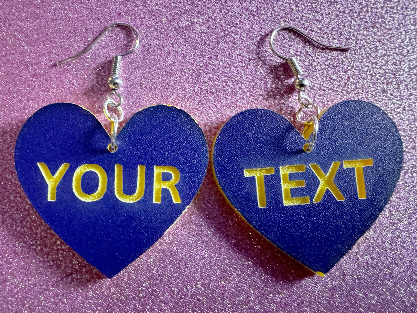 Custom Text Earrings: Laser Engraved Words, Blue with Yellow Text, Letters, Names, Teacher Gift, Anniversary, Best Gifts for Her/Him/Them