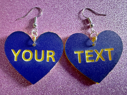 Custom Text Earrings: Laser Engraved Words, Blue with Yellow Text, Letters, Names, Teacher Gift, Anniversary, Best Gifts for Her/Him/Them