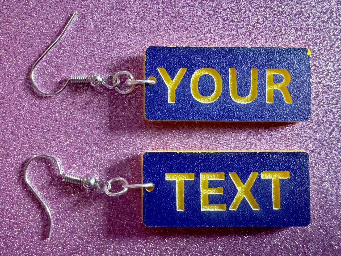 Custom Text Earrings: Laser Engraved Words, Blue with Yellow Text, Letters, Names, Teacher Gift, Anniversary, Best Gifts for Her/Him/Them