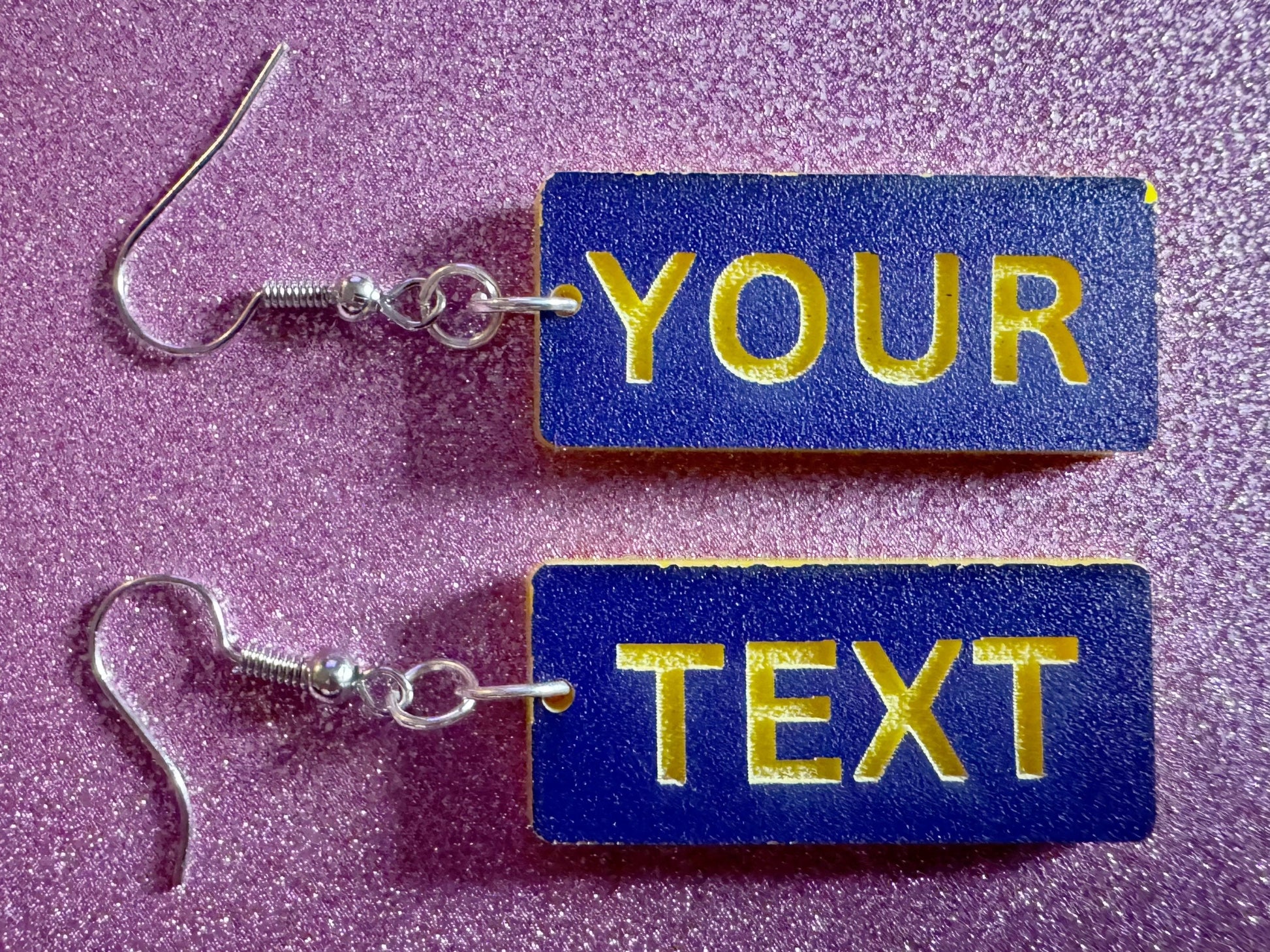 Custom Text Earrings: Laser Engraved Words, Blue with Yellow Text, Letters, Names, Teacher Gift, Anniversary, Best Gifts for Her/Him/Them
