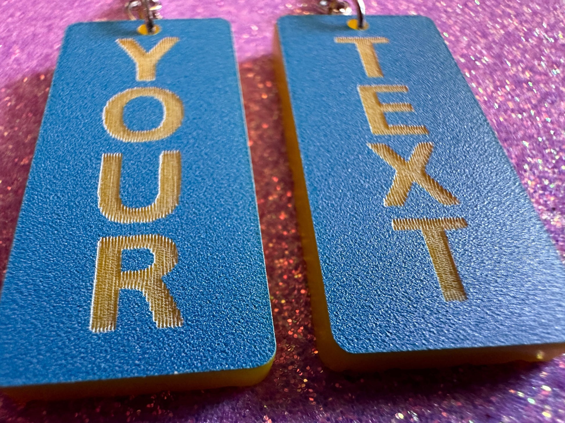Custom Text Earrings: Laser Engraved Words, Blue with Yellow Text, Letters, Names, Teacher Gift, Anniversary, Best Gifts for Her/Him/Them