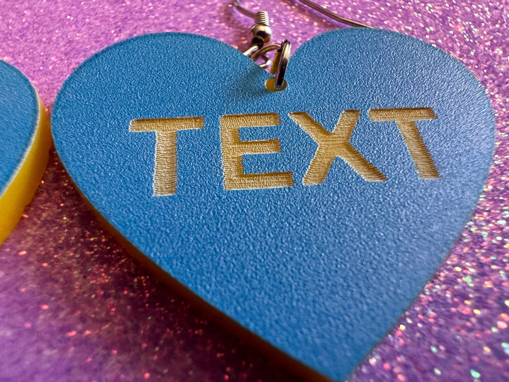 Custom Text Earrings: Laser Engraved Words, Blue with Yellow Text, Letters, Names, Teacher Gift, Anniversary, Best Gifts for Her/Him/Them