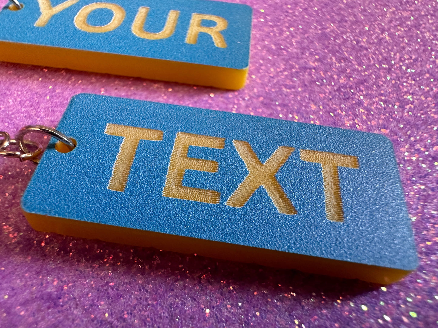 Custom Text Earrings: Laser Engraved Words, Blue with Yellow Text, Letters, Names, Teacher Gift, Anniversary, Best Gifts for Her/Him/Them