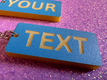 Custom Text Earrings: Laser Engraved Words, Blue with Yellow Text, Letters, Names, Teacher Gift, Anniversary, Best Gifts for Her/Him/Them