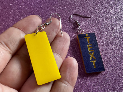 Custom Text Earrings: Laser Engraved Words, Blue with Yellow Text, Letters, Names, Teacher Gift, Anniversary, Best Gifts for Her/Him/Them