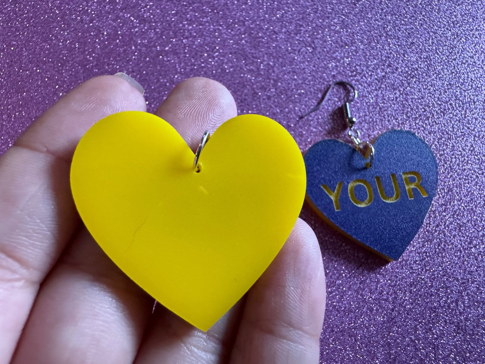 Custom Text Earrings: Laser Engraved Words, Blue with Yellow Text, Letters, Names, Teacher Gift, Anniversary, Best Gifts for Her/Him/Them