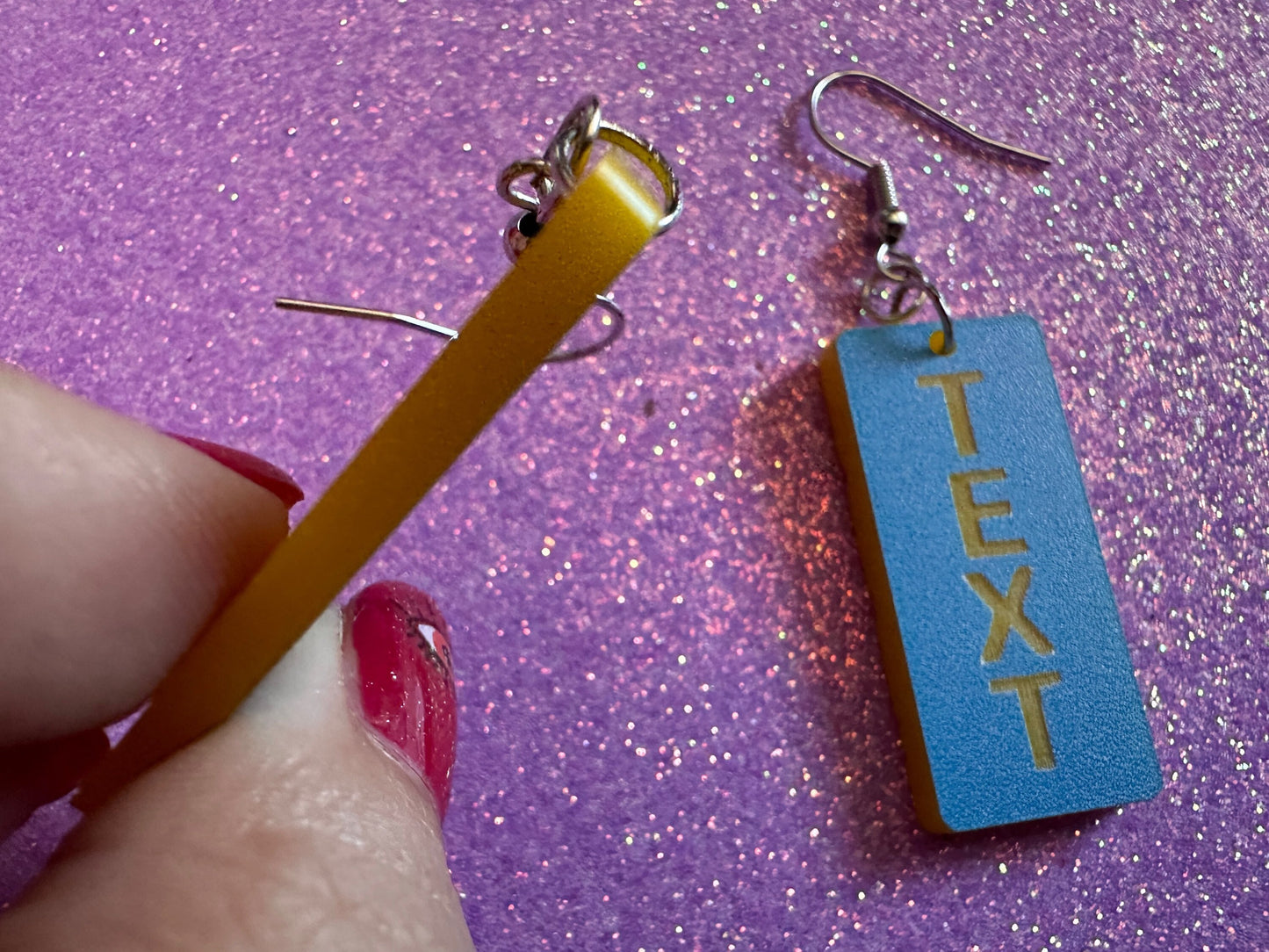 Custom Text Earrings: Laser Engraved Words, Blue with Yellow Text, Letters, Names, Teacher Gift, Anniversary, Best Gifts for Her/Him/Them