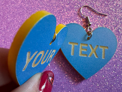 Custom Text Earrings: Laser Engraved Words, Blue with Yellow Text, Letters, Names, Teacher Gift, Anniversary, Best Gifts for Her/Him/Them
