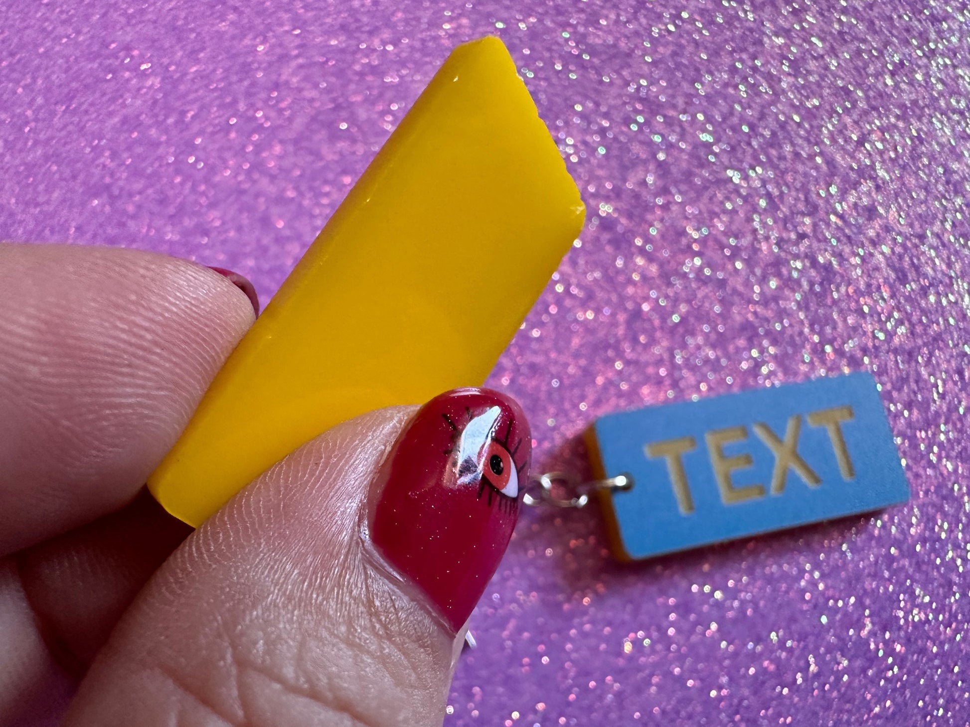 Custom Text Earrings: Laser Engraved Words, Blue with Yellow Text, Letters, Names, Teacher Gift, Anniversary, Best Gifts for Her/Him/Them